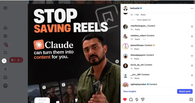 The Stop Saving Reels post with a long list of comments from leads